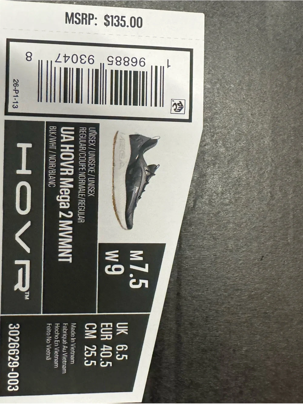 Men's UA HOVR Mega2 Black and White Athletic Sneakers